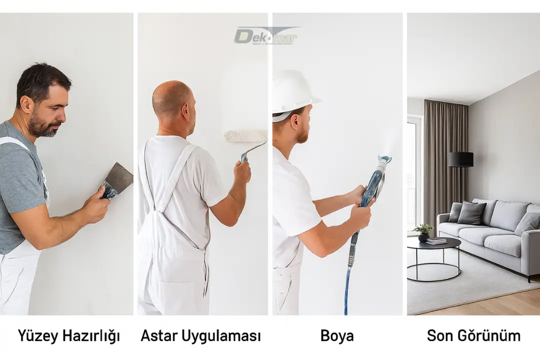 İstanbul Ümraniye boyacı uygulama aşamaları: yüzey hazırlığı, astar, boya ve son görünüm.