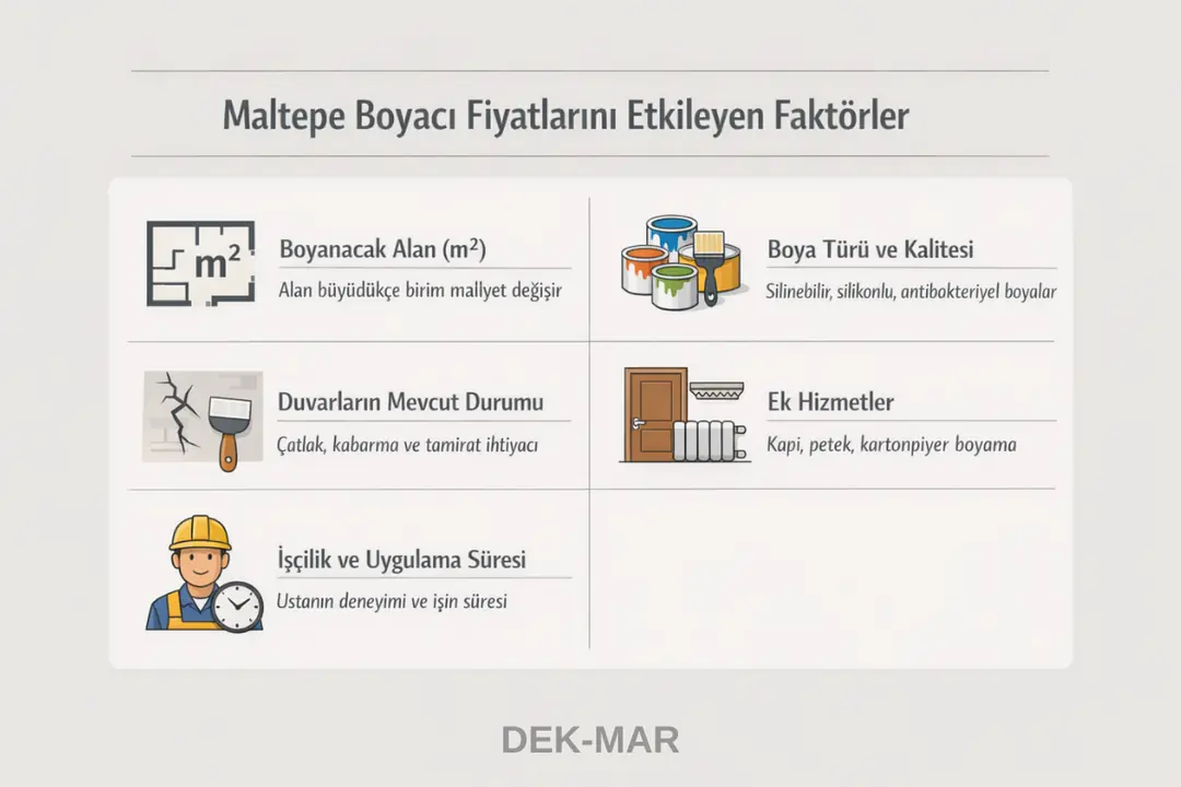 Maltepe boyacı fiyatlarını etkileyen faktörler – metrekare, boya türü, duvar durumu ve işçilik detayları