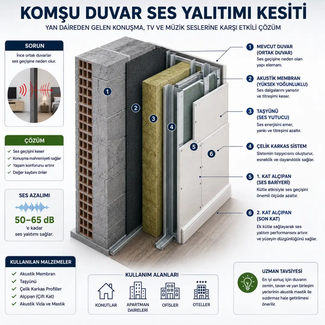 Komşu duvar ses yalıtımı sistem katmanları