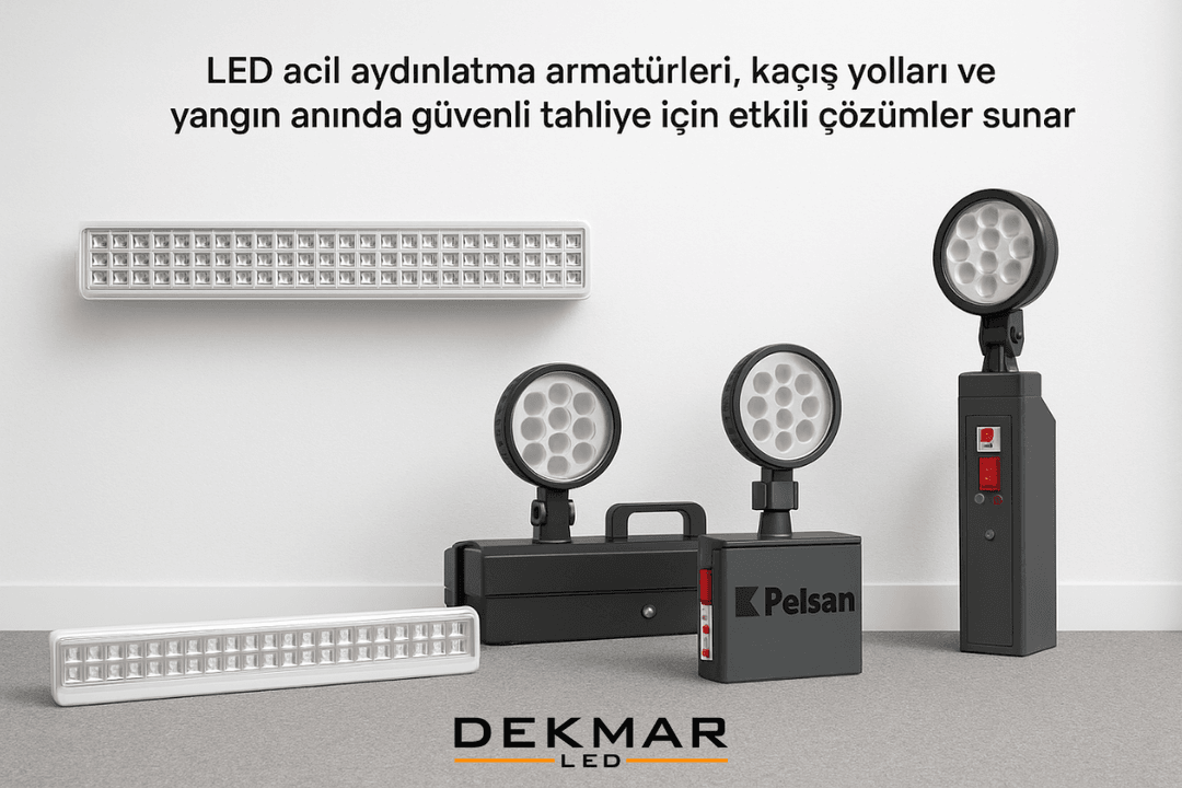 Dekmar LED acil aydınlatma armatürü modelleri, kaçış yolları ve yangın anında güvenli tahliye için etkili çözümler sunar. 