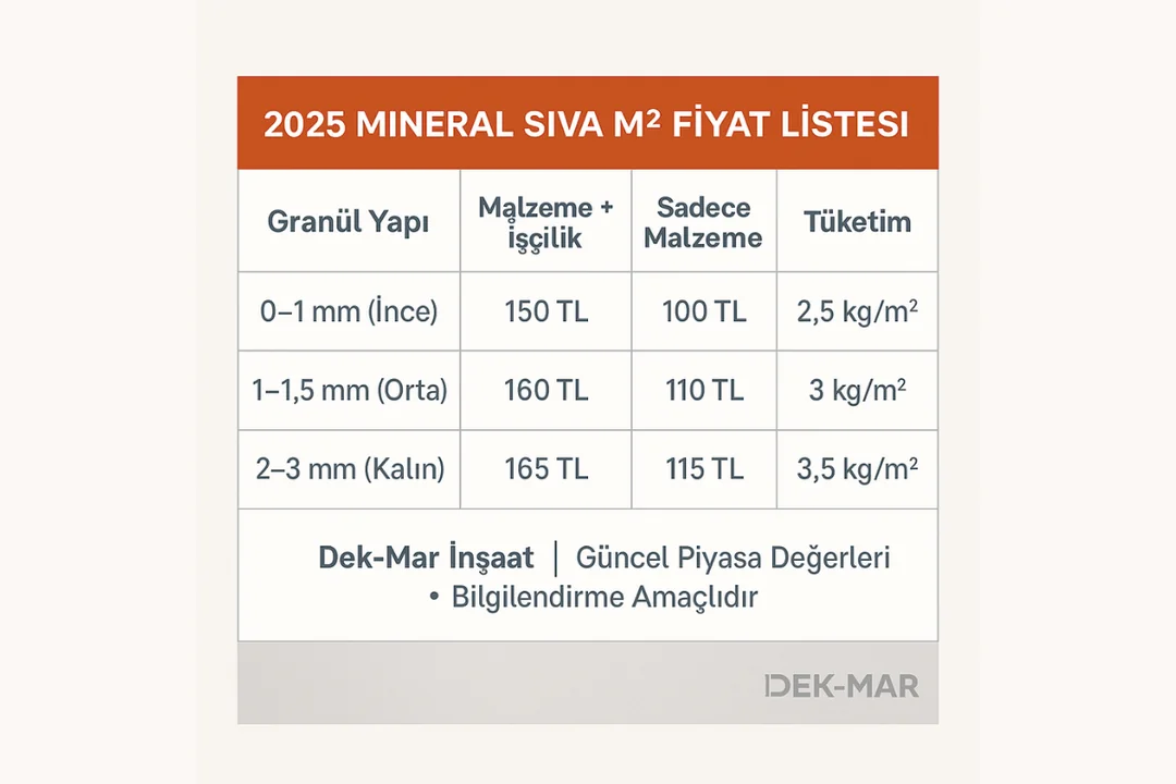 2025 mineral sıva fiyat tablosu – Dek-Mar İnşaat güncel m² fiyat listesi, tüketim oranı ve uygulama bilgileri