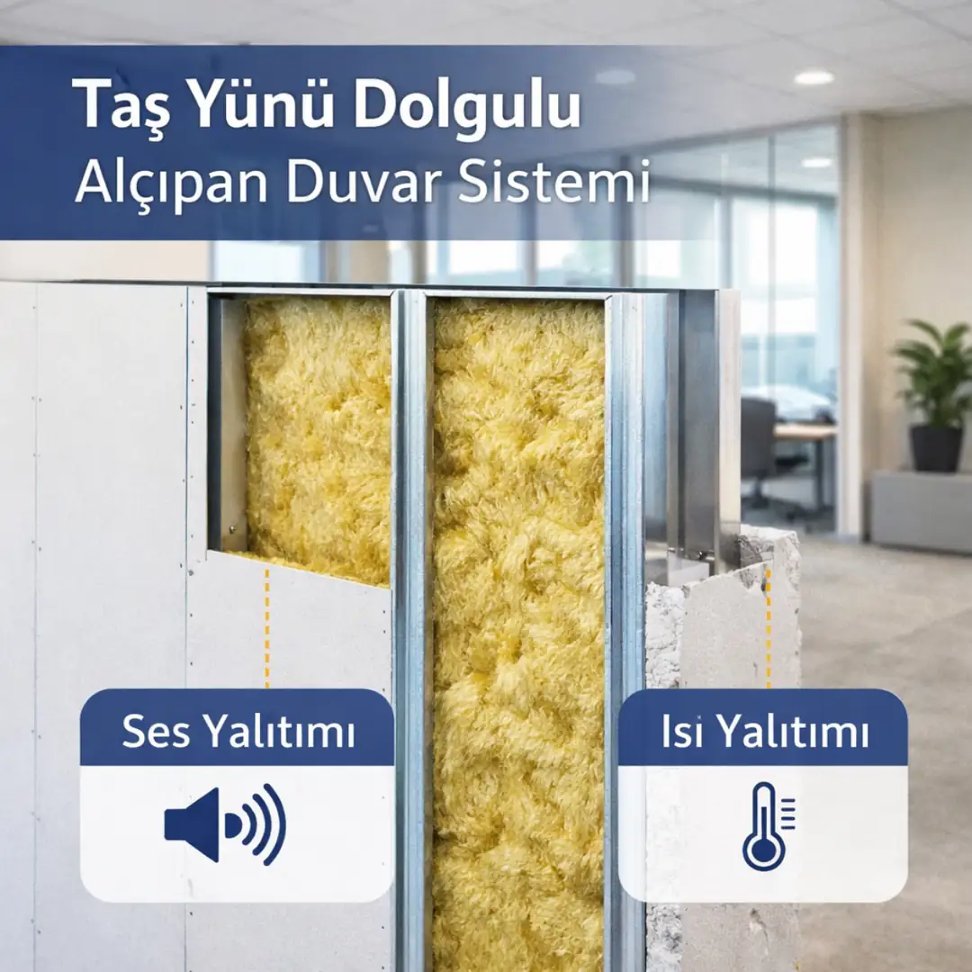 Taş yünü dolgulu alçıpan duvar sistemi ile ses ve ısı yalıtımı sağlayan yüksek performanslı bölme duvar çözümü