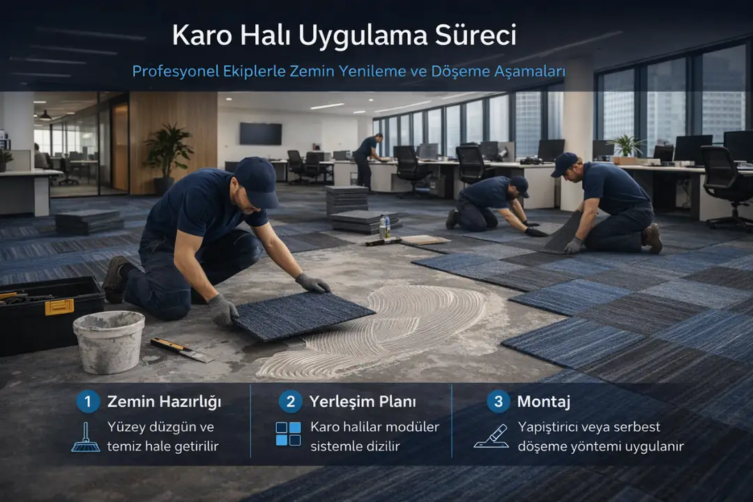 Karo halı uygulama sürecinde zemin hazırlığı ve modüler döşeme işlemi profesyonel ekipler tarafından gerçekleştirilir&nbsp;