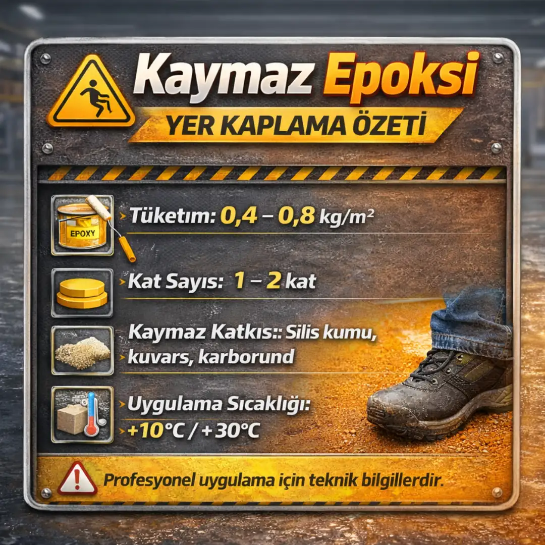 Kaymaz epoksi yer boyası teknik özeti – R10–R12 kaydırmazlık, yüzey dokusu, kullanım alanları ve güvenlik bilgileri