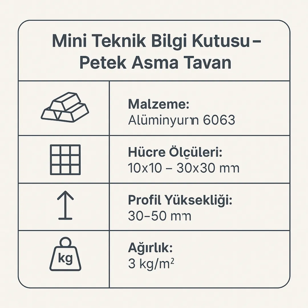 Petek asma tavan teknik bilgi kutusu – malzeme, ölçü, ağırlık ve profil detayları – Dek-Mar İnşaat 2025.