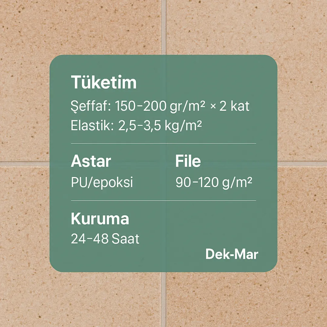 Kalebodur üzeri su yalıtımı mini teknik bilgi kutusu – tüketim, astar, kuruma, file detayları – Dek-Mar