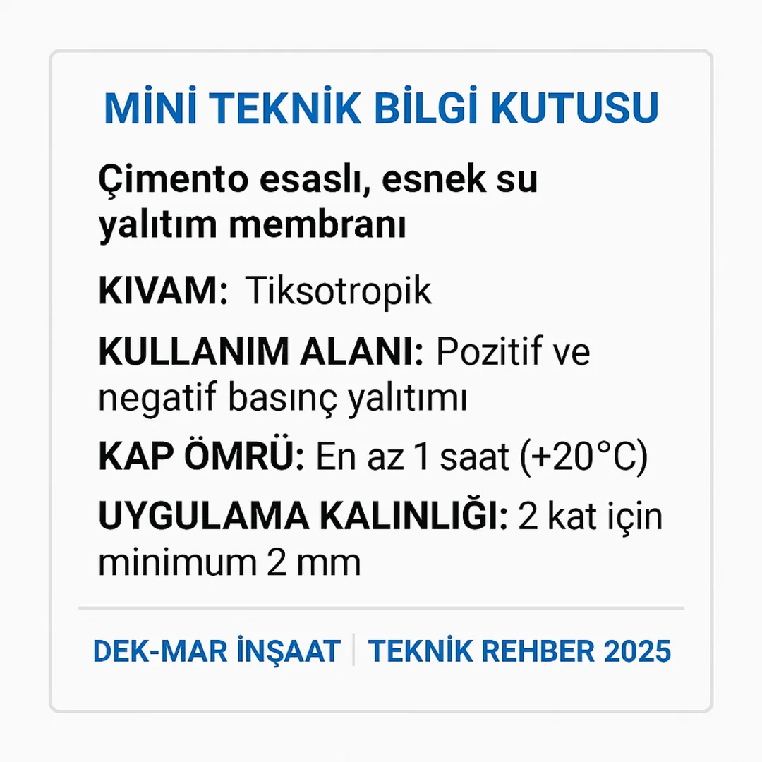 MAPEI çimento esaslı su yalıtım ürünleri için hazırlanmış mini teknik bilgi kutusu – teknik veriler, kullanım alanı ve uygulama özellikleri – Dek-Mar İnşaat 2025