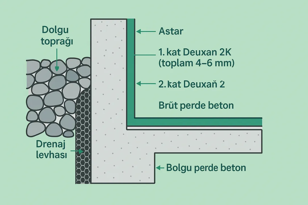 Temel perde beton için KÖSTER Deuxan 2K sürme izolasyon teknik kesiti – drenaj levhası, dolgu toprağı, bitüm-polimer membran.