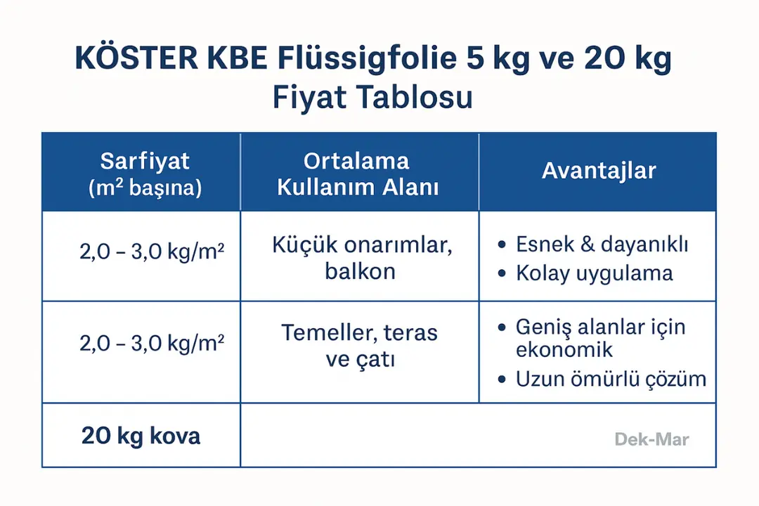 KÖSTER KBE Flüssigfolie 5 kg ve 20 kg fiyat tablosu, kullanım alanı ve sarfiyat karşılaştırması.