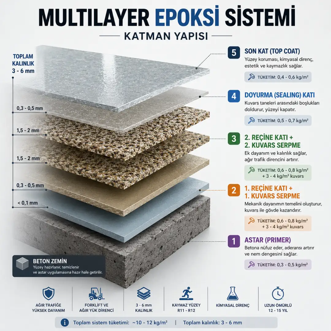 Multilayer epoksi sistem katman yapısı teknik kesit şeması&nbsp;