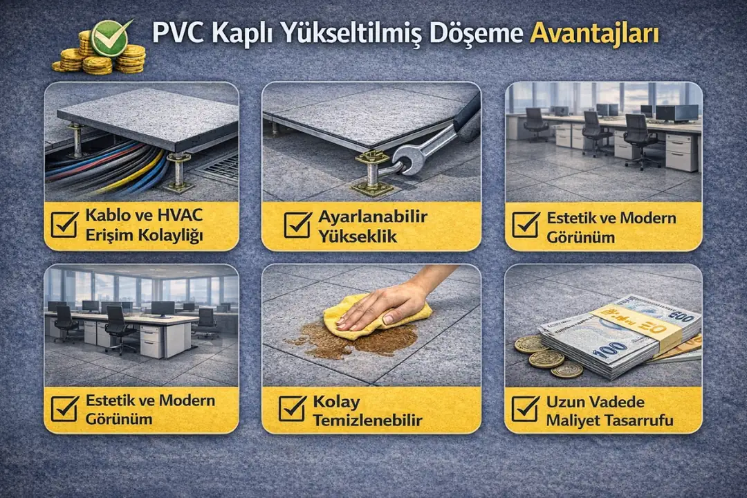 PVC kaplı yükseltilmiş döşemenin avantajları; kablo erişimi, ayarlanabilir yükseklik, kolay temizlik ve antistatik yapı