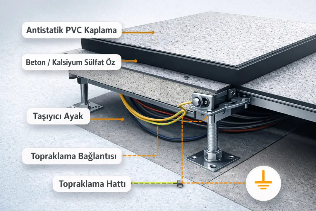 Antistatik PVC kaplı yükseltilmiş döşeme teknik kesit detayları&nbsp;