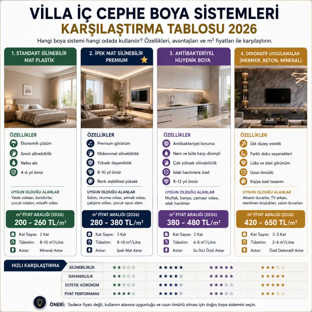 Villa iç cephe boya sistemleri karşılaştırması ipek mat antibakteriyel dekoratif boya&nbsp;