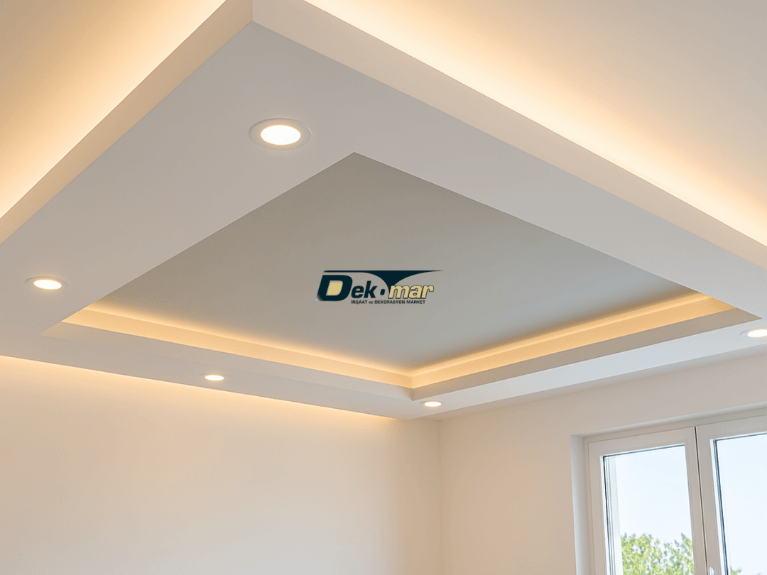Datça’da uygulanan modern alçıpan asma tavan modeli, salon dekorasyonuna canlı renkler ve estetik detaylar katıyor.
