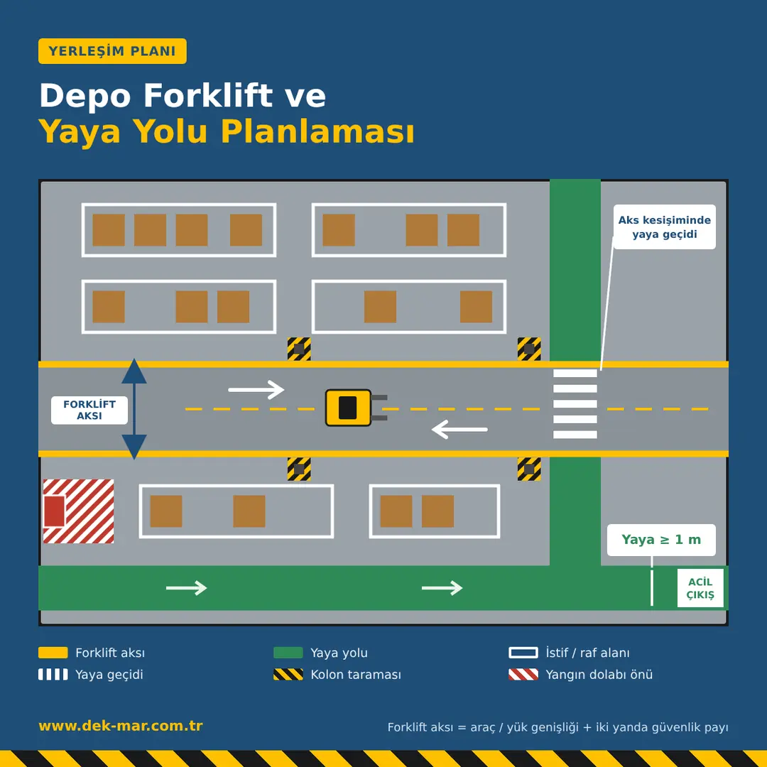 Depo forklift yolu ve yaya yolu yerleşim planı yaya geçidi raf alanı kolon tarama
