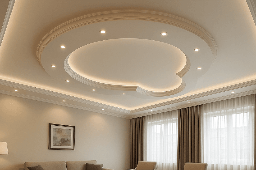 Modern salon alçıpan asma tavan modelleri – spot LED aydınlatmalı, şık dekoratif tavan tasarımı – Dek-Mar İnşaat