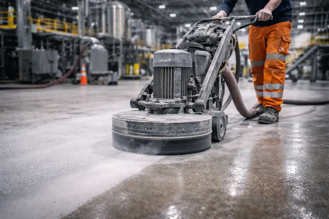 Epoksi zemin kaplama öncesi beton zemin taşlama işlemi endüstriyel fabrika zemin hazırlık süreci&nbsp;