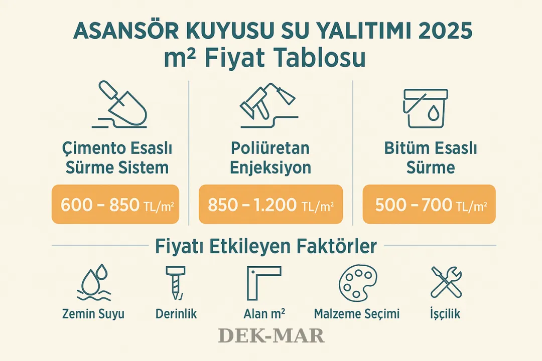 Asansör kuyusu su yalıtımı 2025 m² fiyat tablosu – çimento esaslı sürme, poliüretan enjeksiyon ve bitüm esaslı sürme sistem fiyat aralıkları 
