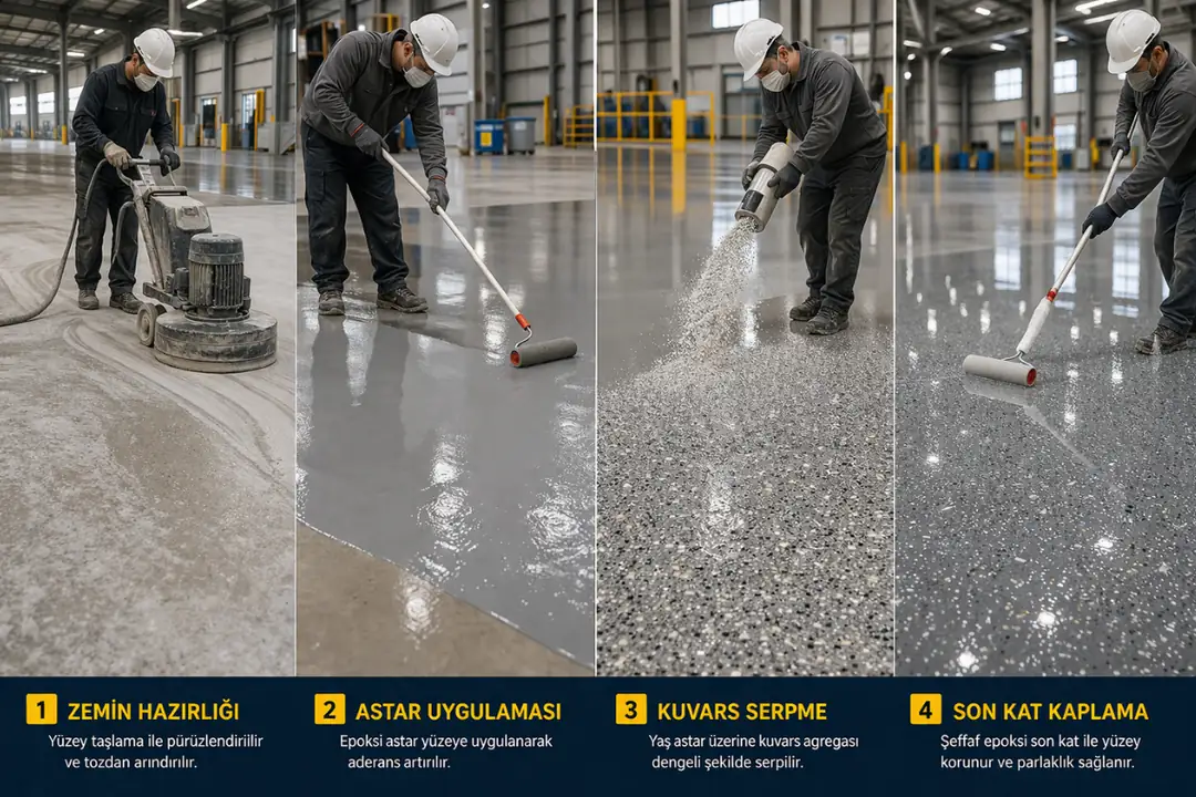 Kuvars dolgulu epoksi zemin kaplama uygulama süreci astar serpme ve son kat işlemleri saha görüntüsü&nbsp;