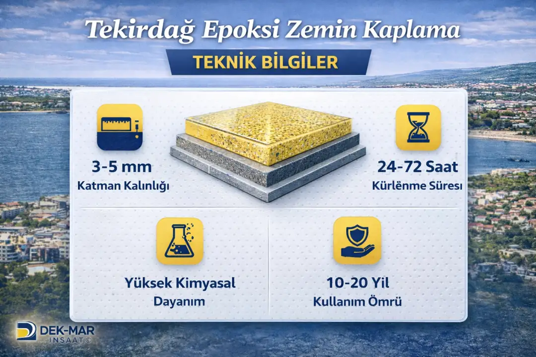Tekirdağ epoksi zemin mini teknik bilgi kutusu; epoksi türleri, ortalama tüketim, uygulama kalınlığı, kürlenme süresi ve dayanım değerleri.&nbsp;