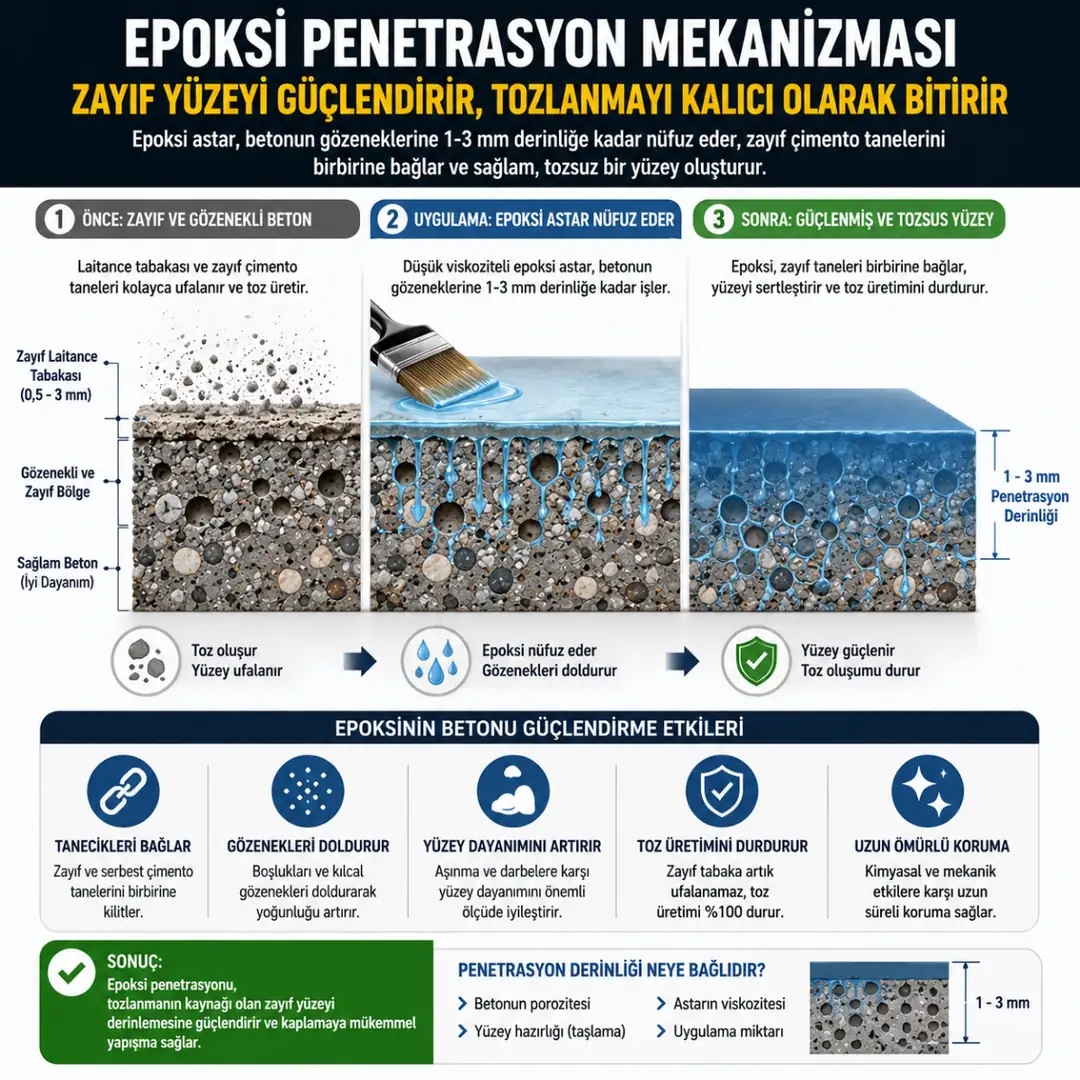 Epoksi astarın beton gözeneklerine nüfuz ederek yüzeyi güçlendirmesi&nbsp;