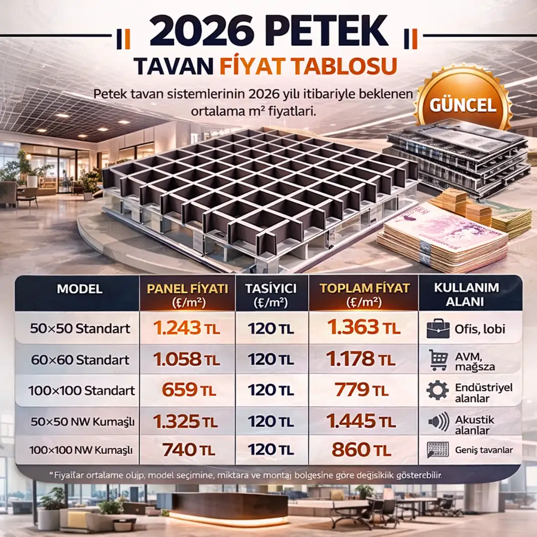 2026 petek tavan metrekare fiyatları tablosu, panel fiyatı, taşıyıcı maliyet ve toplam m2 fiyat karşılaştırması&nbsp;