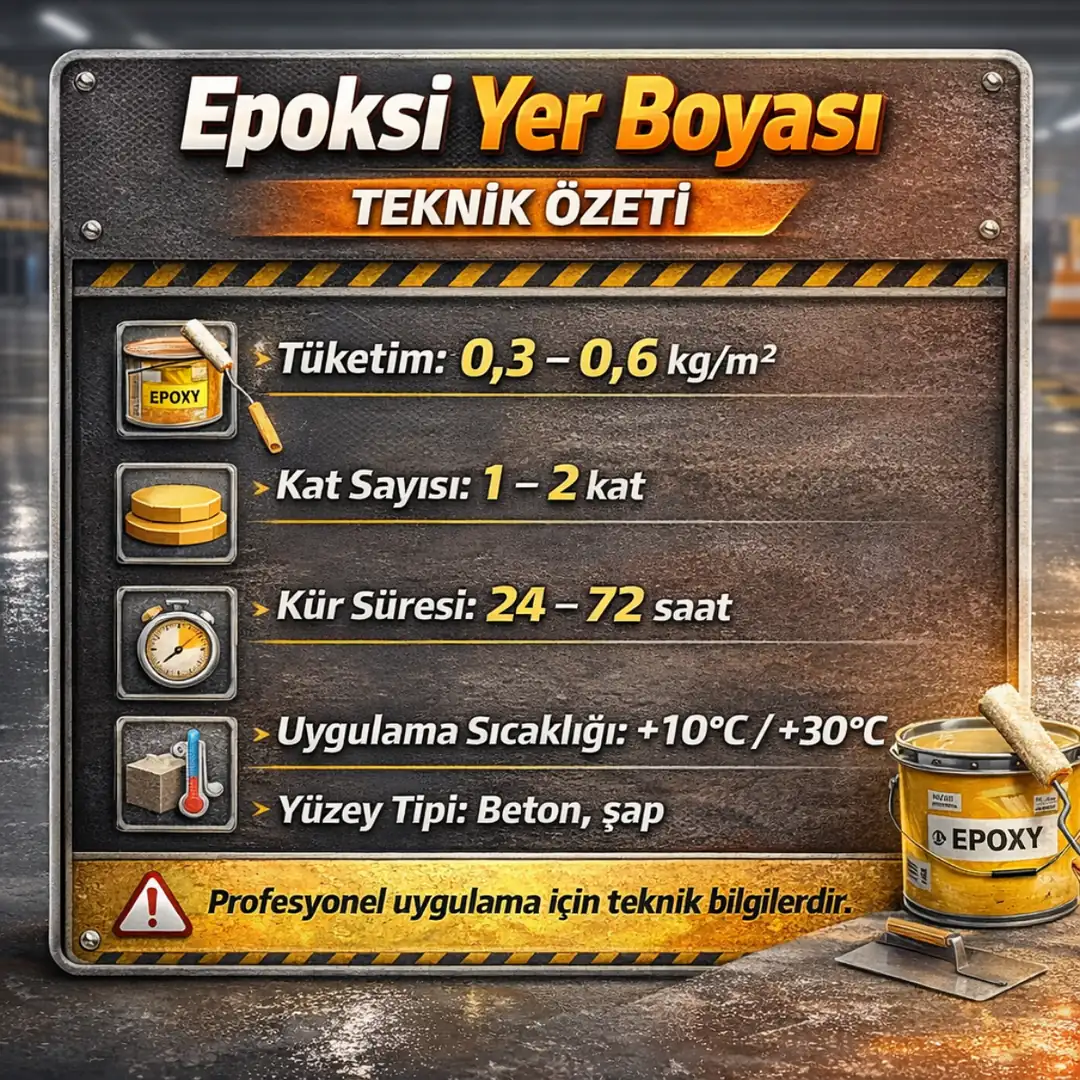 “Epoksi yer boyası teknik özeti – tüketim, kat sayısı, kür süresi ve uygulama sıcaklığı bilgilerini gösteren grafik