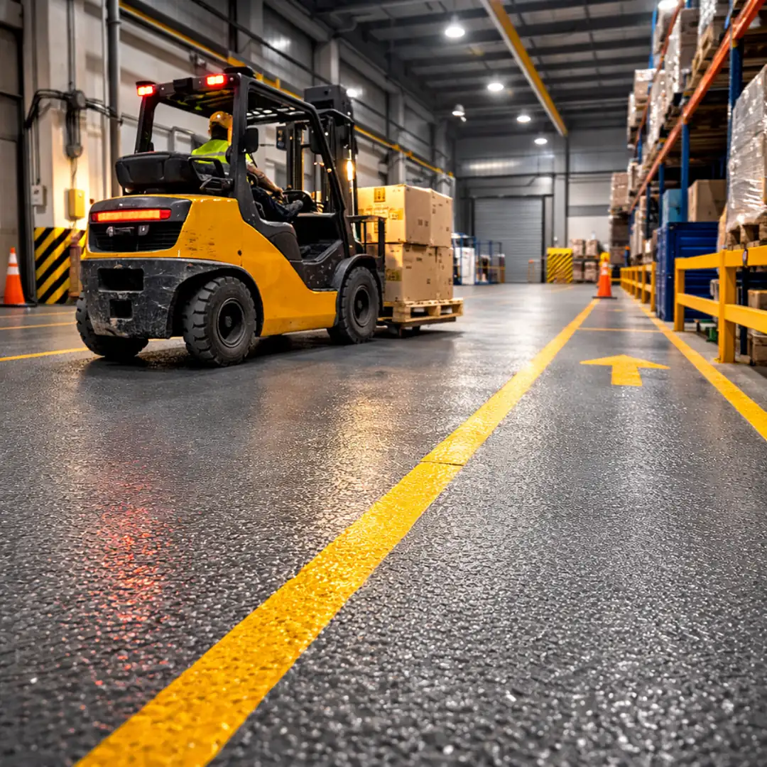 Forklift trafiğine dayanıklı portakal kabuğu epoksi zemin uygulaması