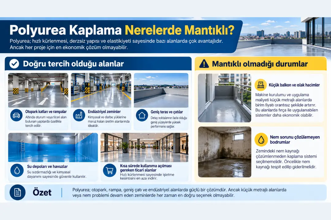Polyurea kaplamanın uygun olduğu otopark, endüstriyel zemin, teras ve çatı uygulamaları ile tercih edilmediği alanlar.