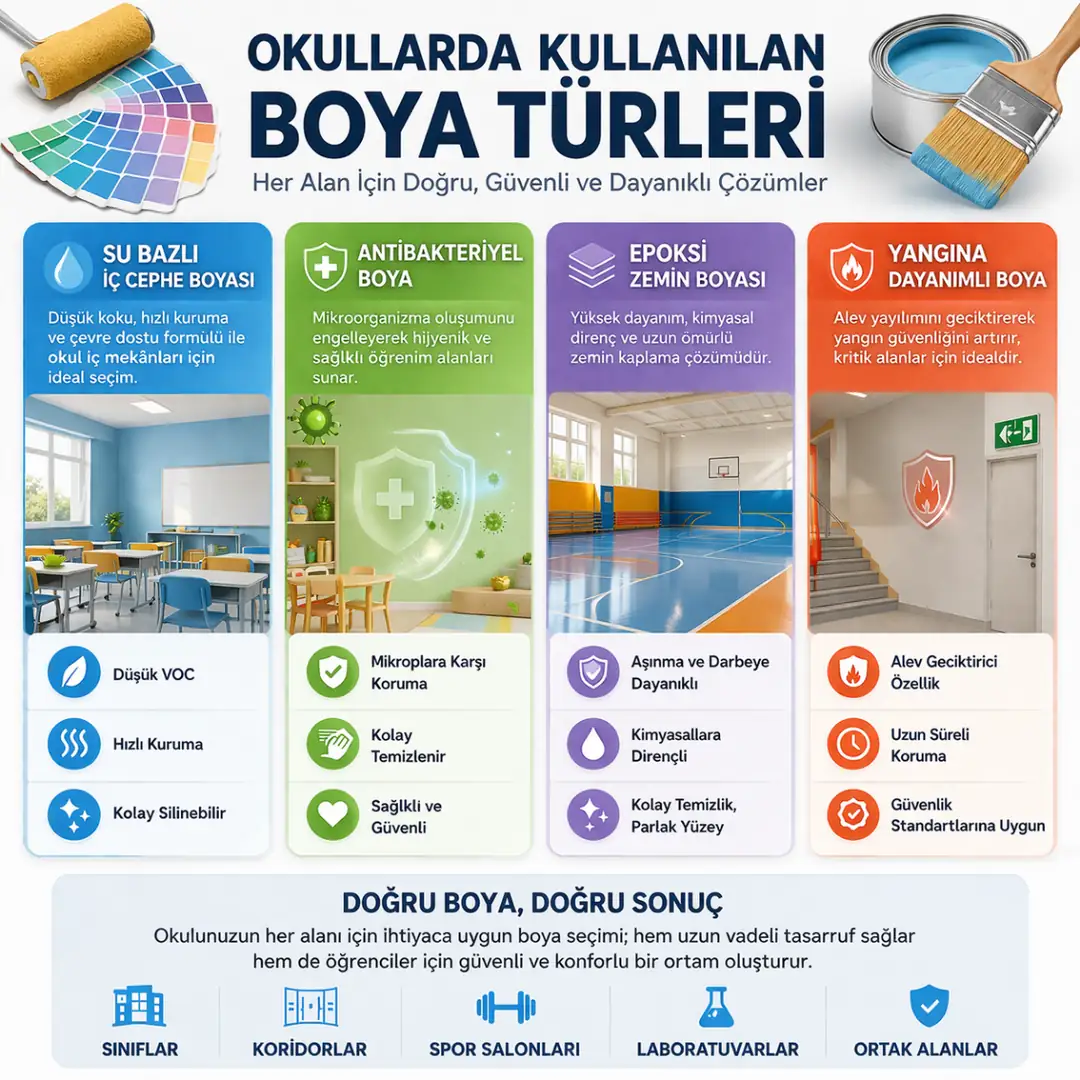 Okullarda kullanılan su bazlı, antibakteriyel ve epoksi boya türlerinin karşılaştırması