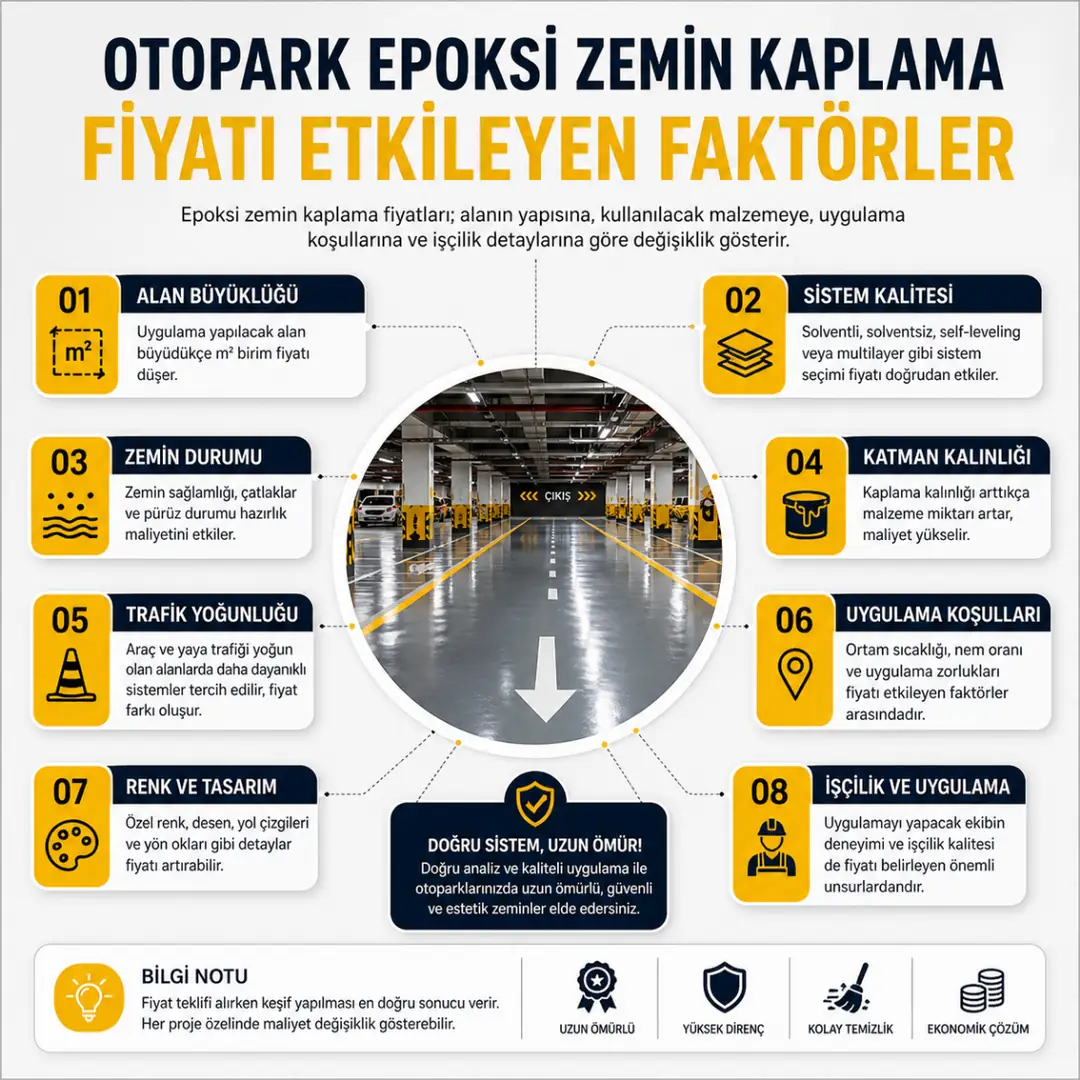 Otopark epoksi fiyatını etkileyen zemin durumu kat sayısı kalınlık renk yüzey hazırlığı ve sistem seçimi&nbsp;