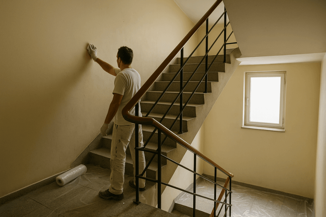 Apartman merdiven boşluğunda boya öncesi yüzey temizliği ve koruma örtüsü uygulaması. 