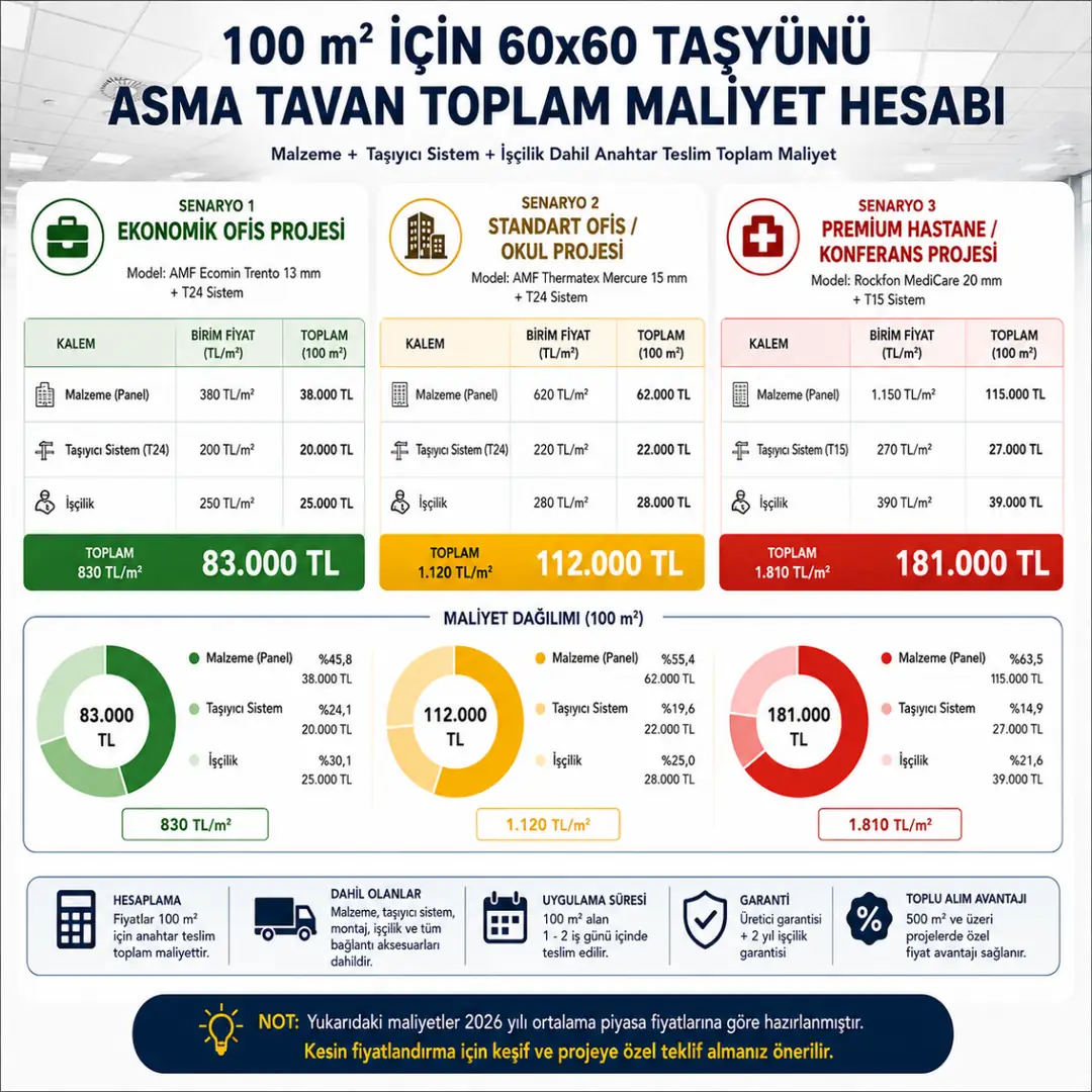 100 m2 taşyünü asma tavan toplam maliyet hesaplama tablosu&nbsp;