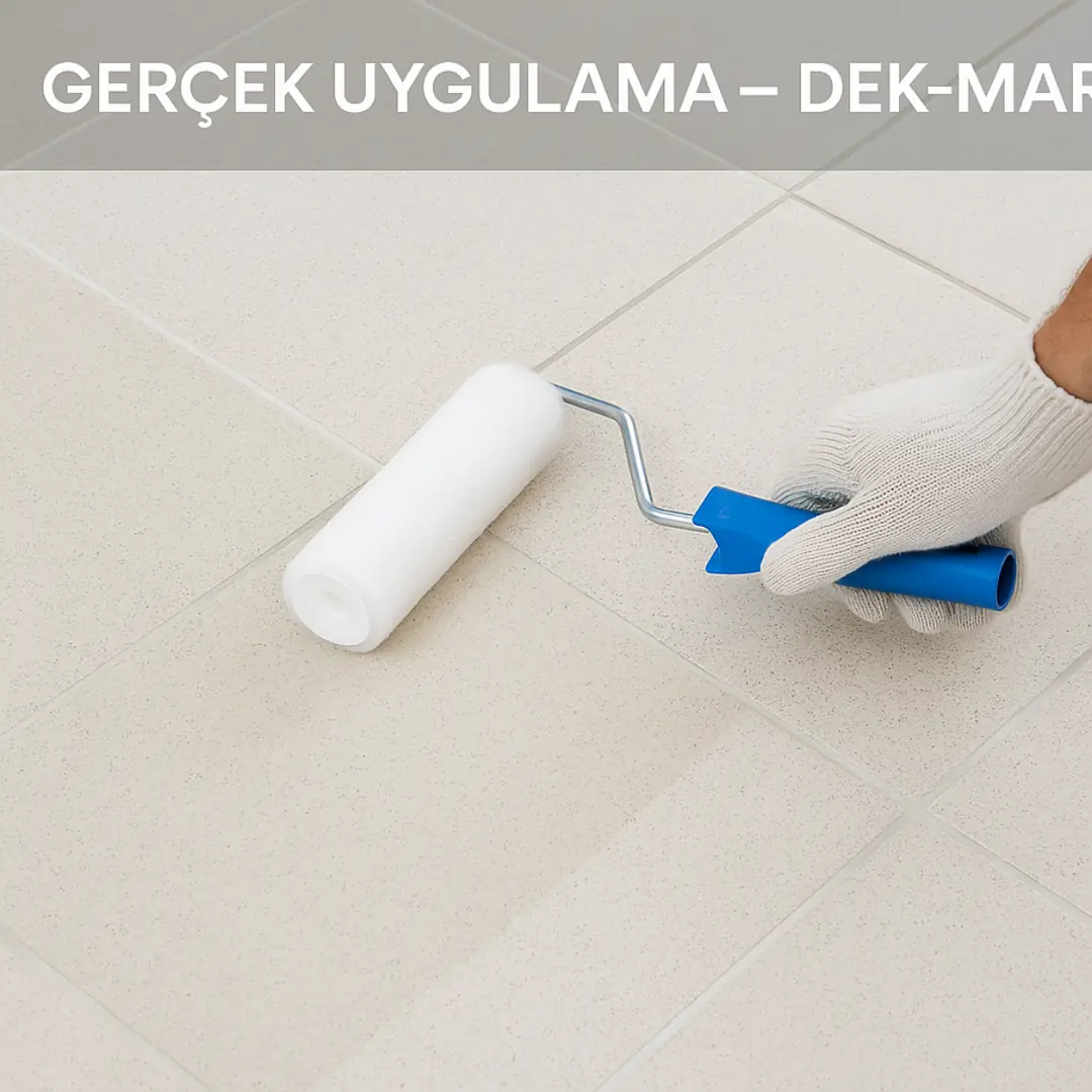 Seramik üzeri şeffaf izolasyon uygulaması – rulo ile şeffaf kaplama – bir bölüm sürülmüş bir bölüm sürülmemiş gerçek uygulama – Dek-Mar