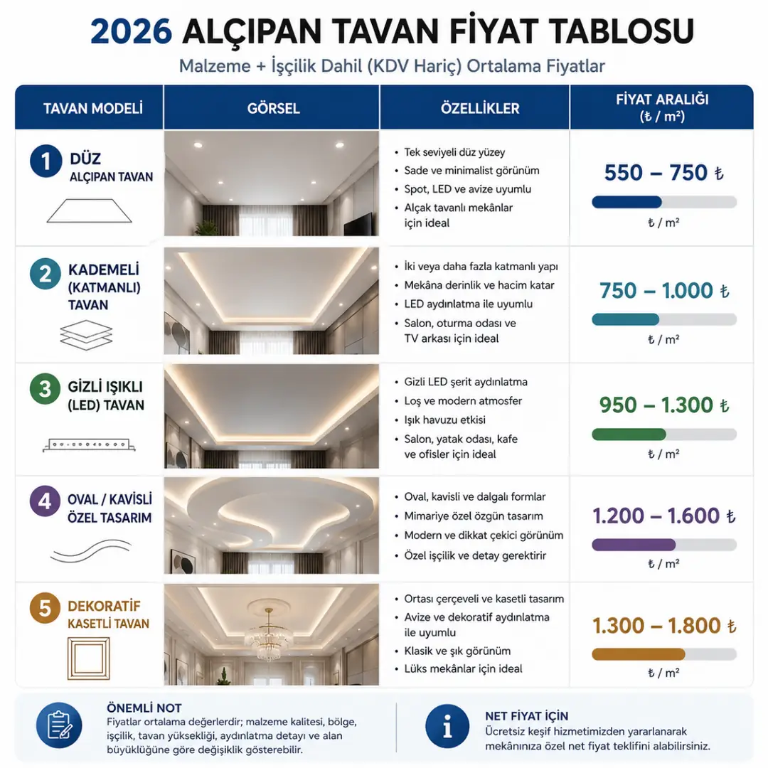 2026 alçıpan tavan fiyat tablosu düz kademeli gizli LED oval ve dekoratif kasetli tavan m² maliyet karşılaştırması.