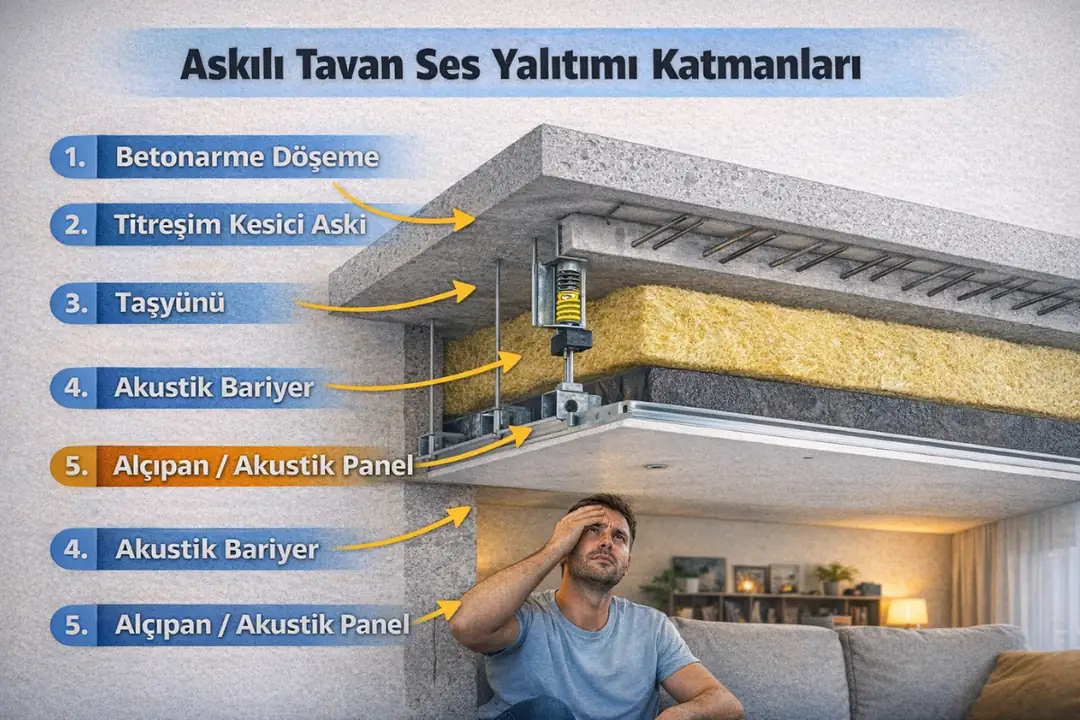 Askılı tavan sisteminde üst kattan gelen ses yalıtımı katman detayı&nbsp;