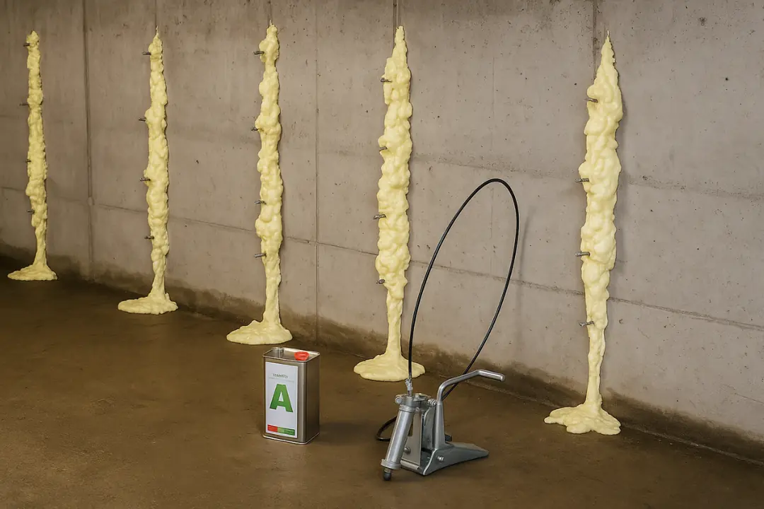 KÖSTER enjeksiyon uygulama sahnesi – beton perde duvarda PU köpük enjeksiyonu ve pakerli su kesme işlemi görseli – 2025