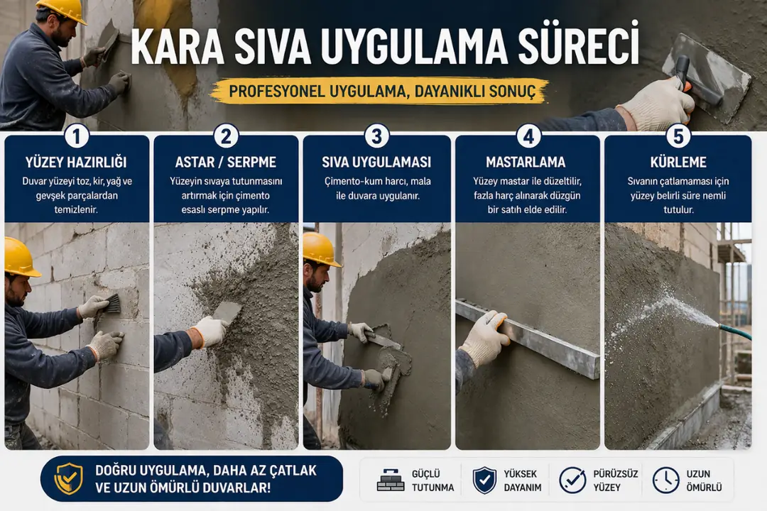 Kara sıva uygulama süreci, yüzey hazırlığı mastarlama ve sıva işçilik aşamaları saha görüntüsü&nbsp;
