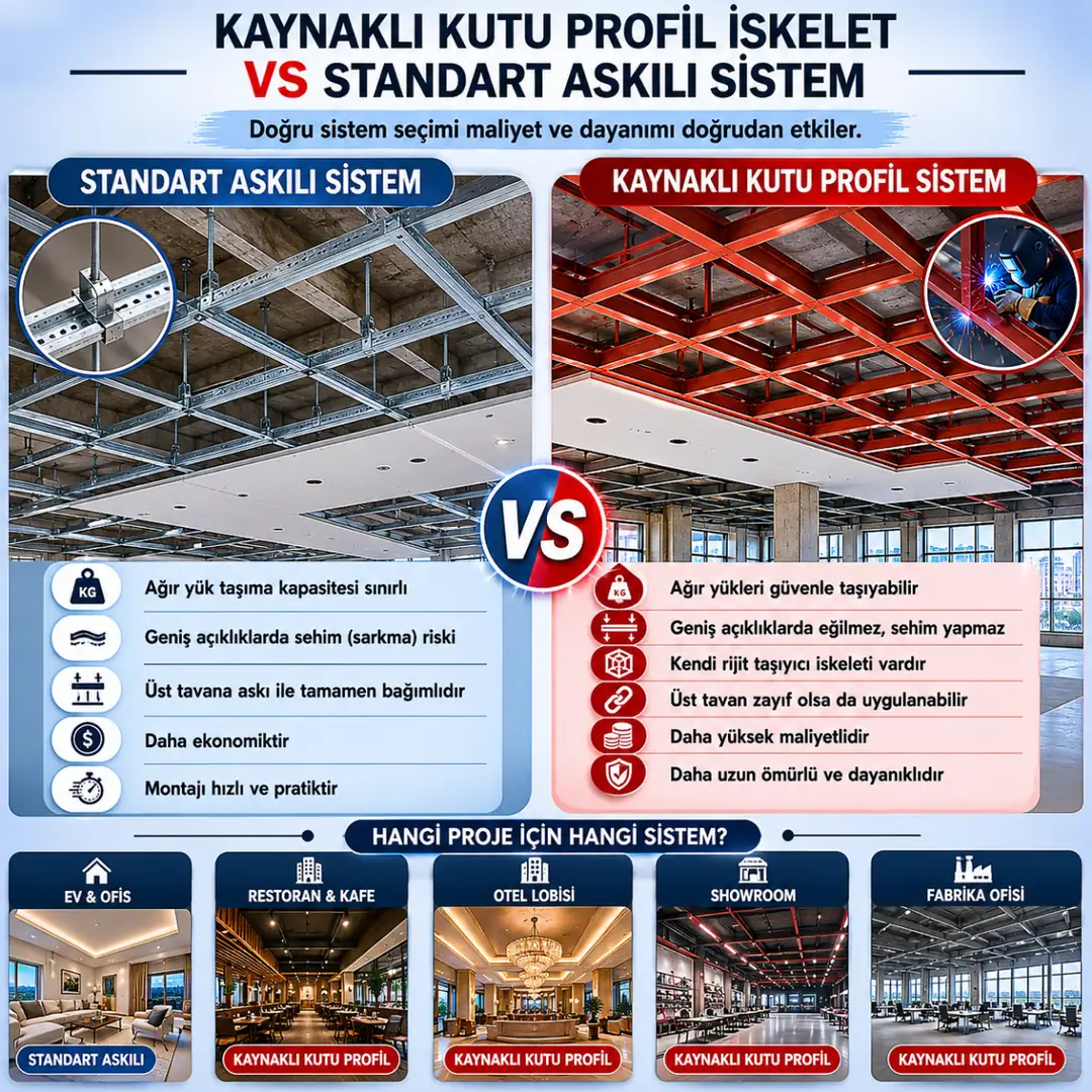 Kaynaklı kutu profil asma tavan ile standart askılı sistem karşılaştırma tablosu
