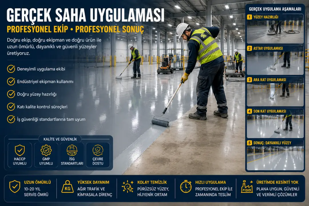Fabrika içinde profesyonel endüstriyel boya uygulaması yapan ekip ve epoksi zemin çalışması&nbsp;
