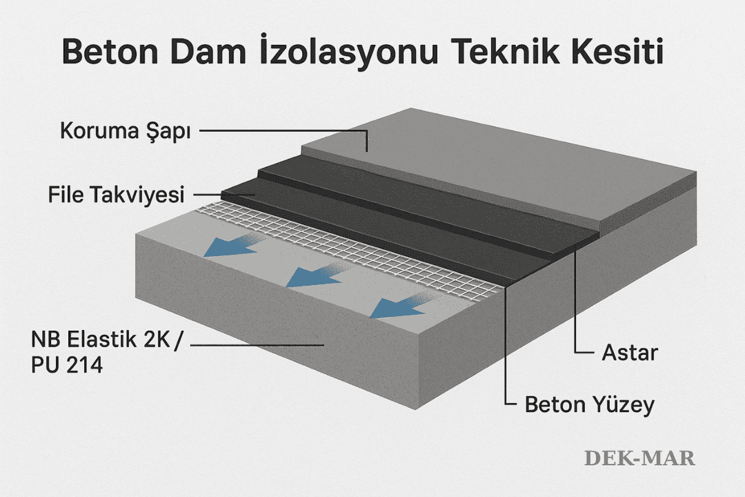 Beton dam izolasyonu teknik kesiti – astar, file takviyesi ve NB Elastik 2K katmanları