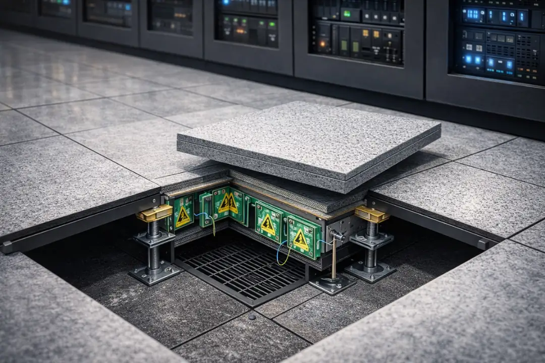 Antistatik PVC kaplı yükseltilmiş döşeme veri merkezi uygulaması