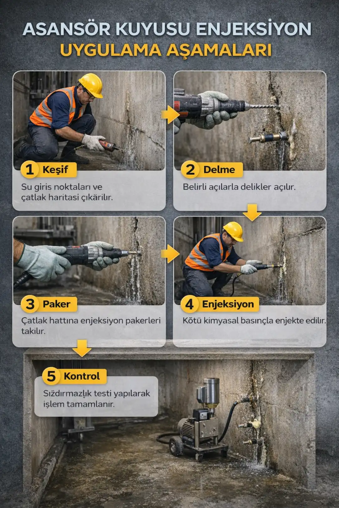 Asansör kuyusu enjeksiyon uygulama aşamaları infografik anlatım