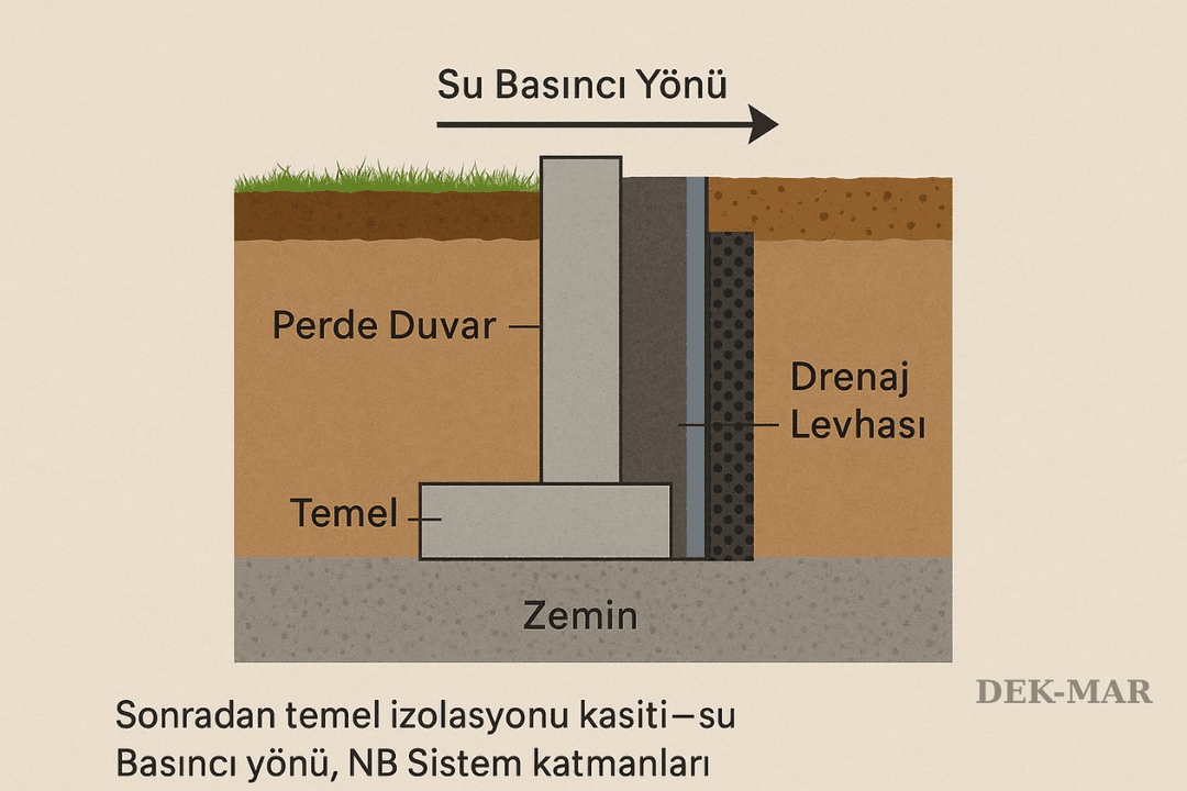 Sonradan temel izolasyonu kesiti – su basıncı yönü, NB Sistem katmanları ve drenaj detayı.