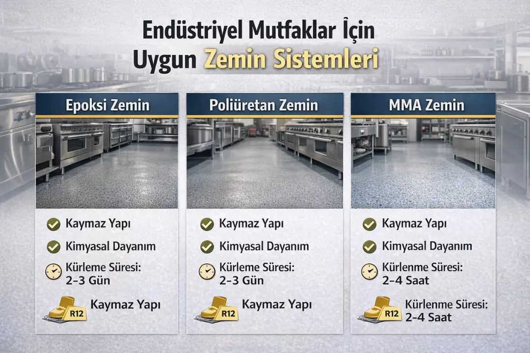 Endüstriyel mutfaklar için epoksi, poliüretan ve MMA zemin kaplama sistemlerinin kaymazlık ve dayanım karşılaştırması&nbsp;