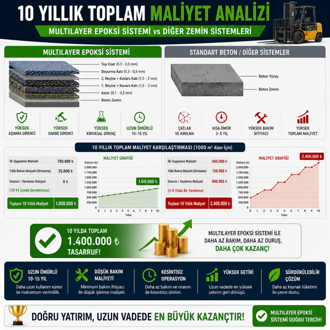 Multilayer epoksi ile standart epoksi 10 yıllık maliyet karşılaştırması&nbsp;