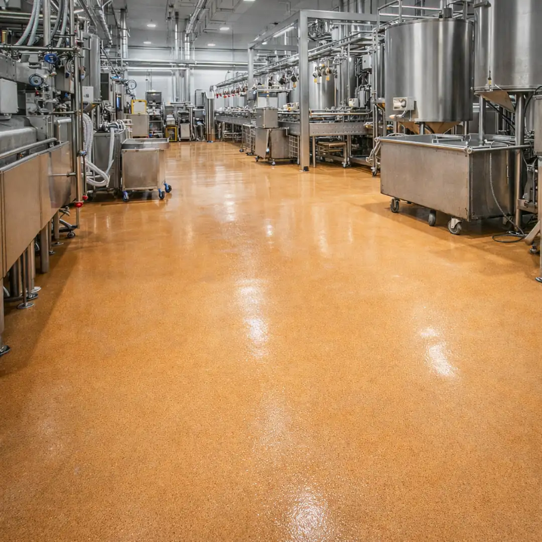 Gıda üretim tesisinde hijyenik poliüretan beton zemin kaplama uygulaması örneği