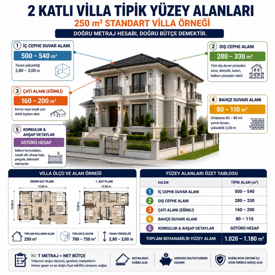 2 katlı villa iç cephe dış cephe çatı ve bahçe duvarı yüzey alan hesaplaması&nbsp;