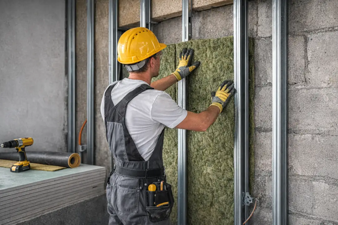 Apartman dairesinde ses yalıtımı uygulaması sırasında taş yünü ve profil montaj süreci