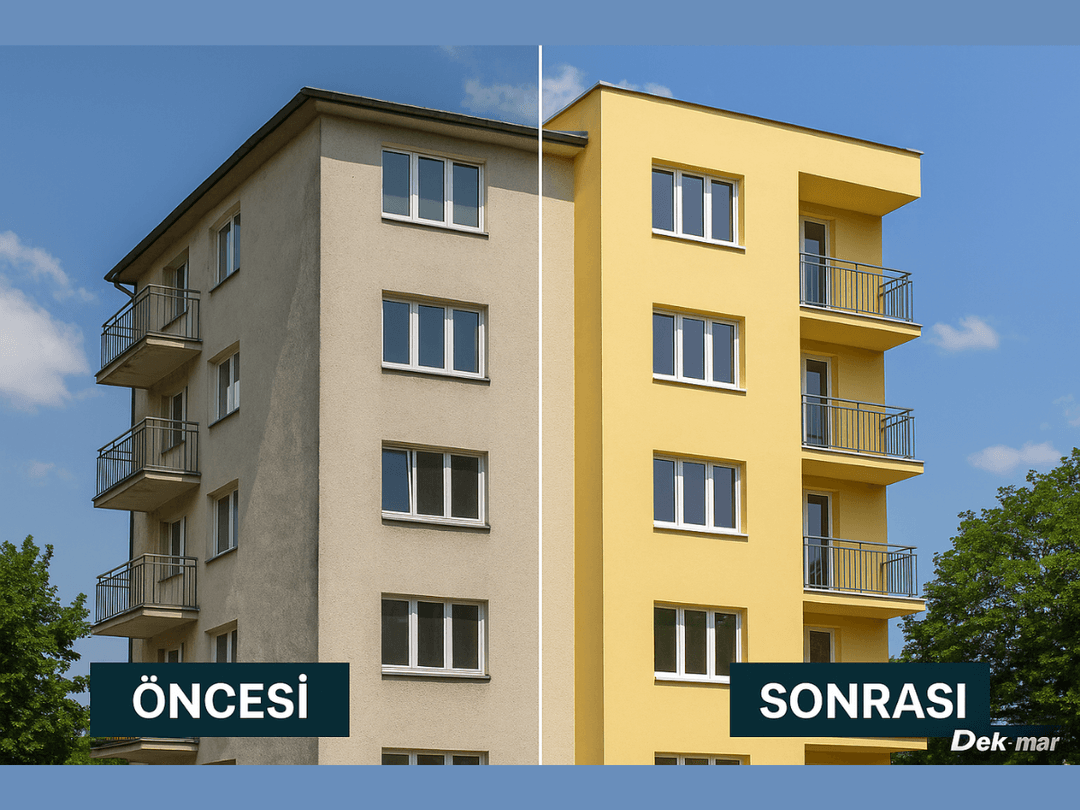 Modern ve estetik görünüme kavuşmuş, yeni boyanmış bina dış cephesi. 